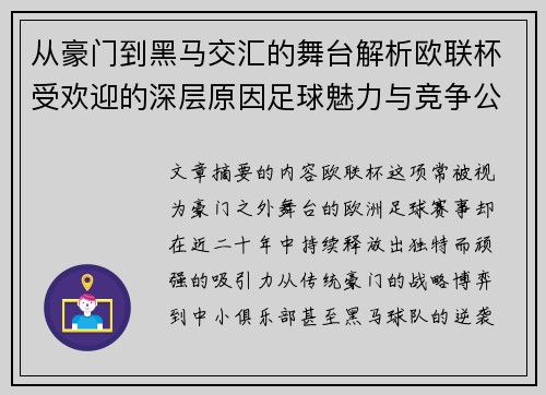 从豪门到黑马交汇的舞台解析欧联杯受欢迎的深层原因足球魅力与竞争公平性