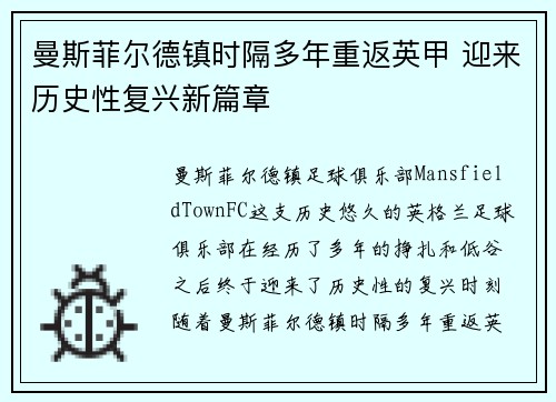 曼斯菲尔德镇时隔多年重返英甲 迎来历史性复兴新篇章